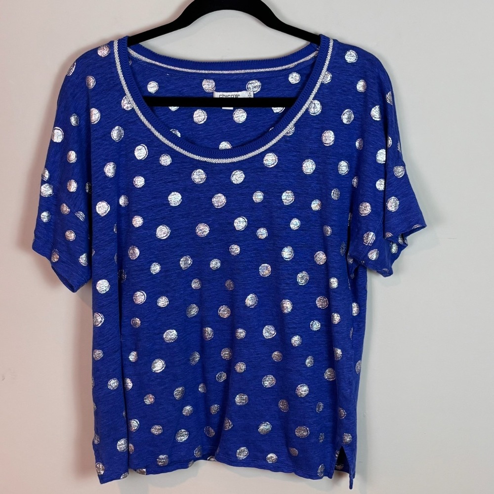 Chico's Womens Blue Sparkle Polka Dot 100% Linen Short Sleeve top sz 2/L Stretch